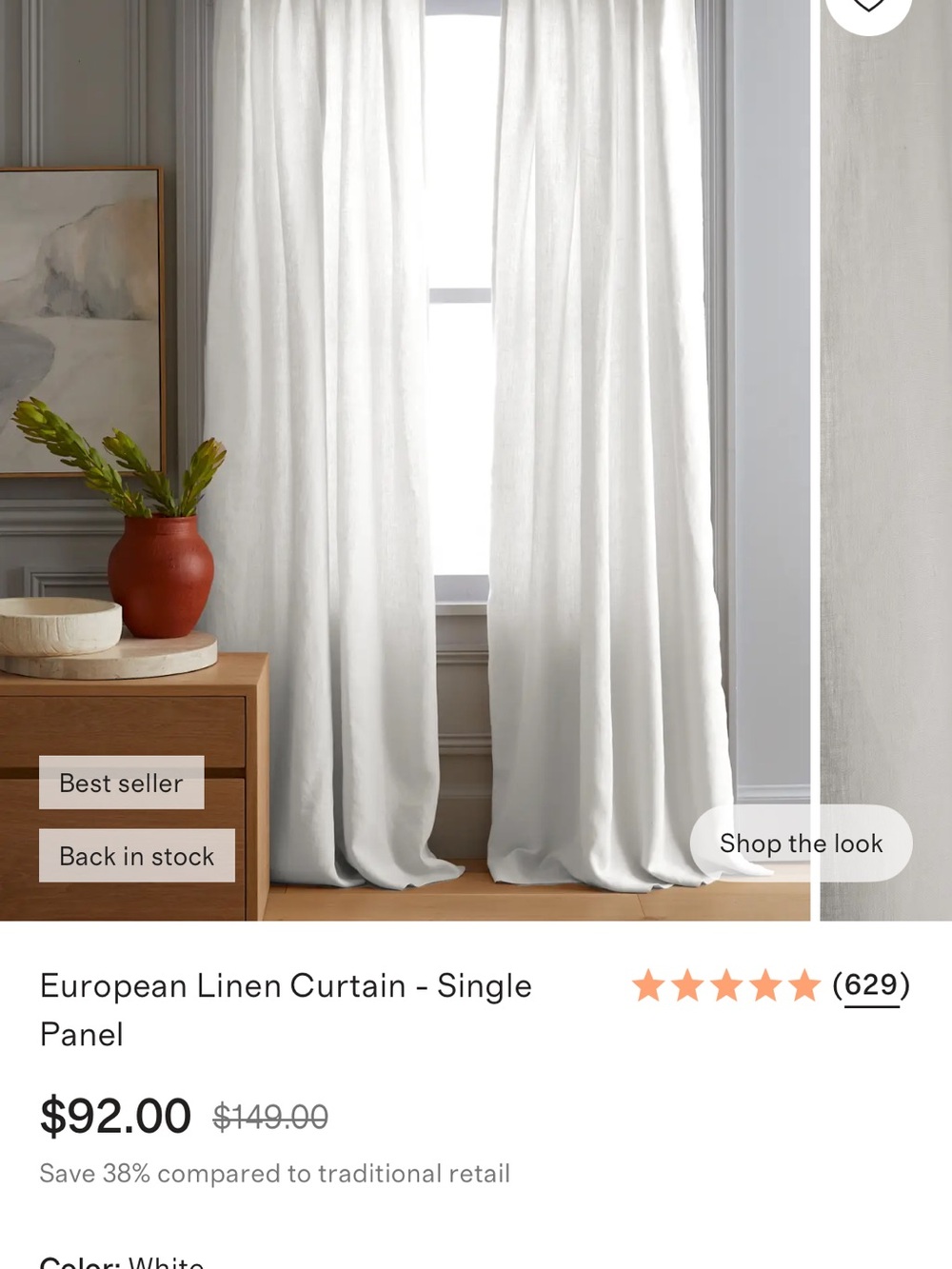Quince White European Linen Curtain Panel. Brand new!